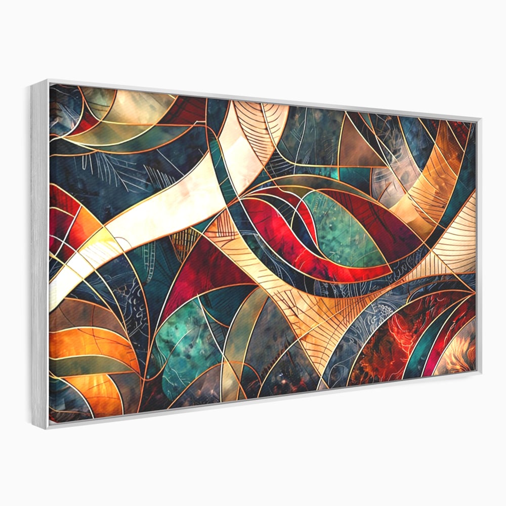 Tablou canvas cu tablou abstract cu linii aurii, in rama de aluminiu argintiu